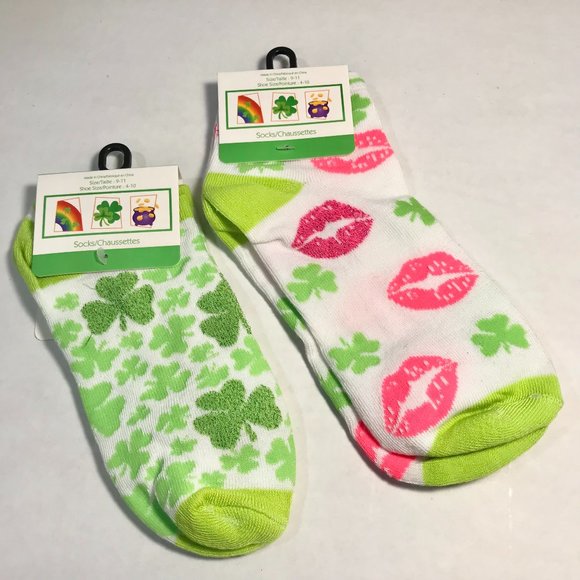 Shamrock Socks St Patricks Day Celtic Kiss me I'm Irish Green Clover 2 Pairs Lot - Picture 4 of 5